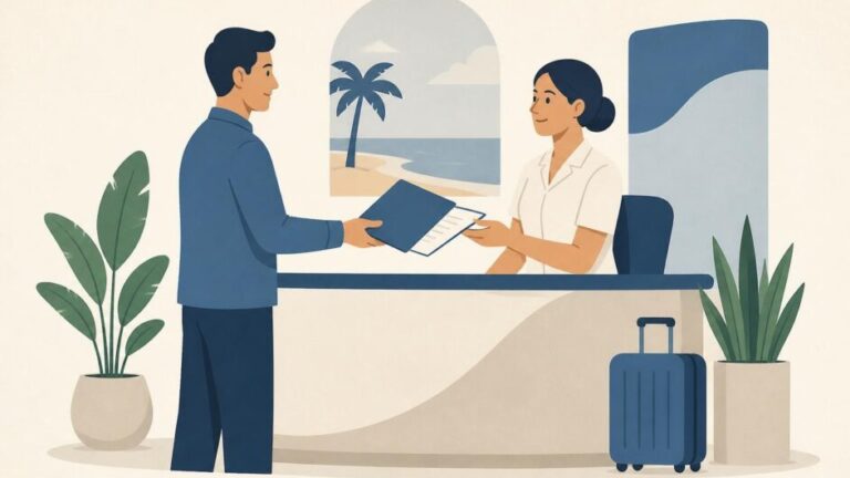 Persona entrega documentos a una trabajadora en una oficina de empleo turístico.