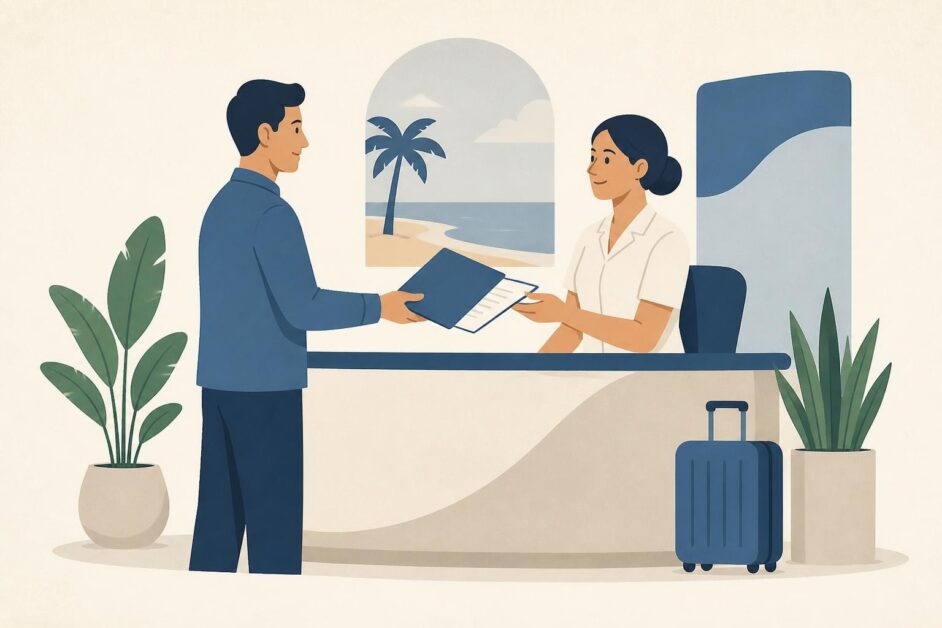 Persona entrega documentos a una trabajadora en una oficina de empleo turístico.