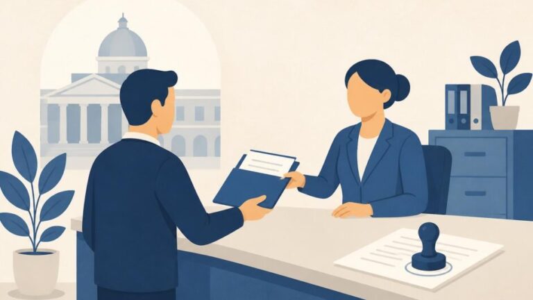 Representante entrega documentos a una funcionaria para registrar una empresa.