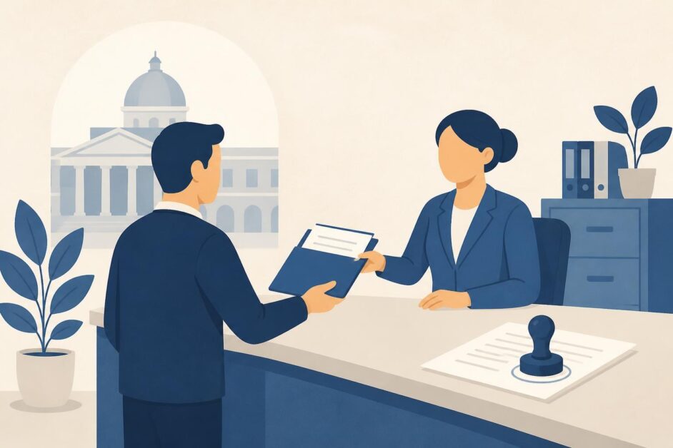Representante entrega documentos a una funcionaria para registrar una empresa.