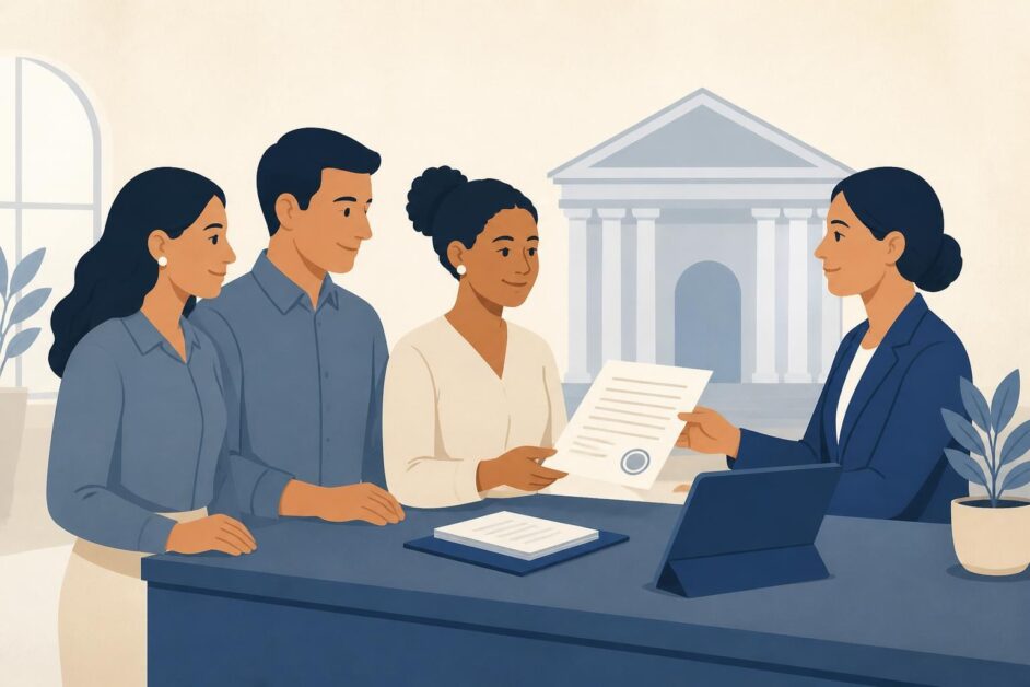 Socios fundadores presentan una escritura notarial para registrar una cooperativa ante una oficina institucional.