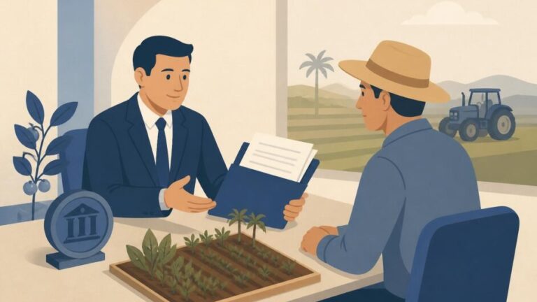 Productor agrícola presenta documentos en una mesa bancaria con cultivos y un tractor al fondo.