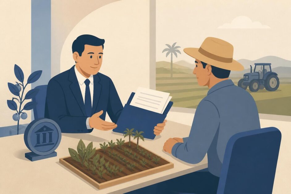 Productor agrícola presenta documentos en una mesa bancaria con cultivos y un tractor al fondo.