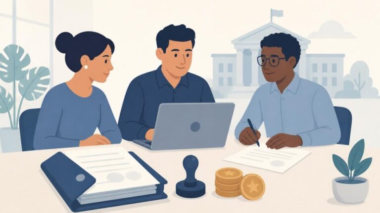 Tres socios preparan documentos y una solicitud digital para constituir una cooperativa.