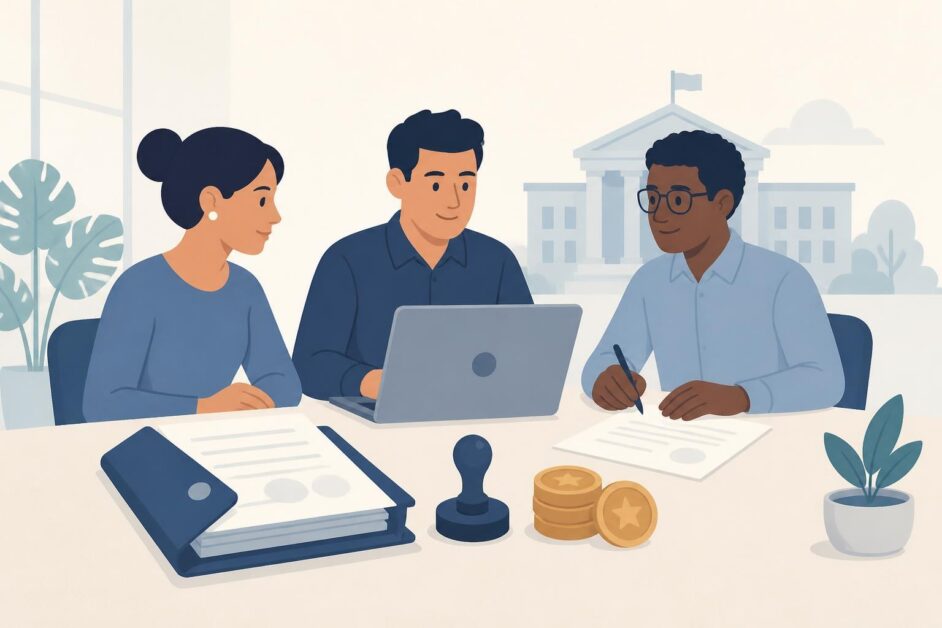 Tres socios preparan documentos y una solicitud digital para constituir una cooperativa.