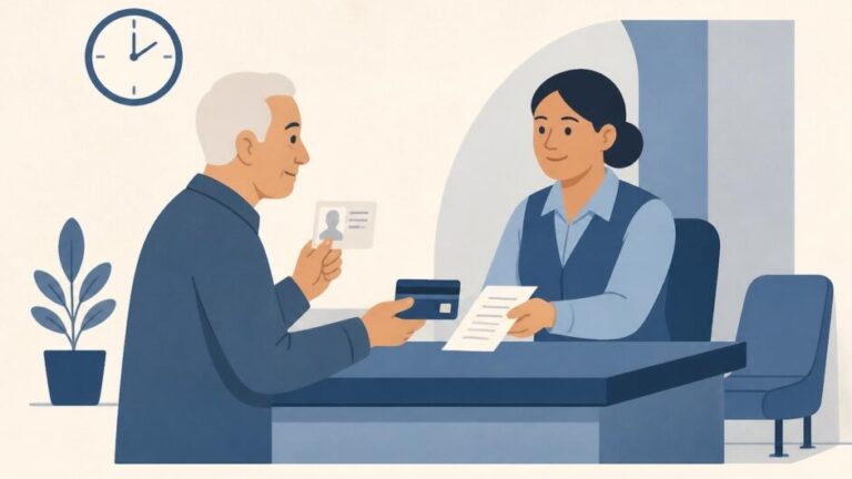 Persona jubilada presenta su identificación en un mostrador para cobrar una pensión con tarjeta magnética.