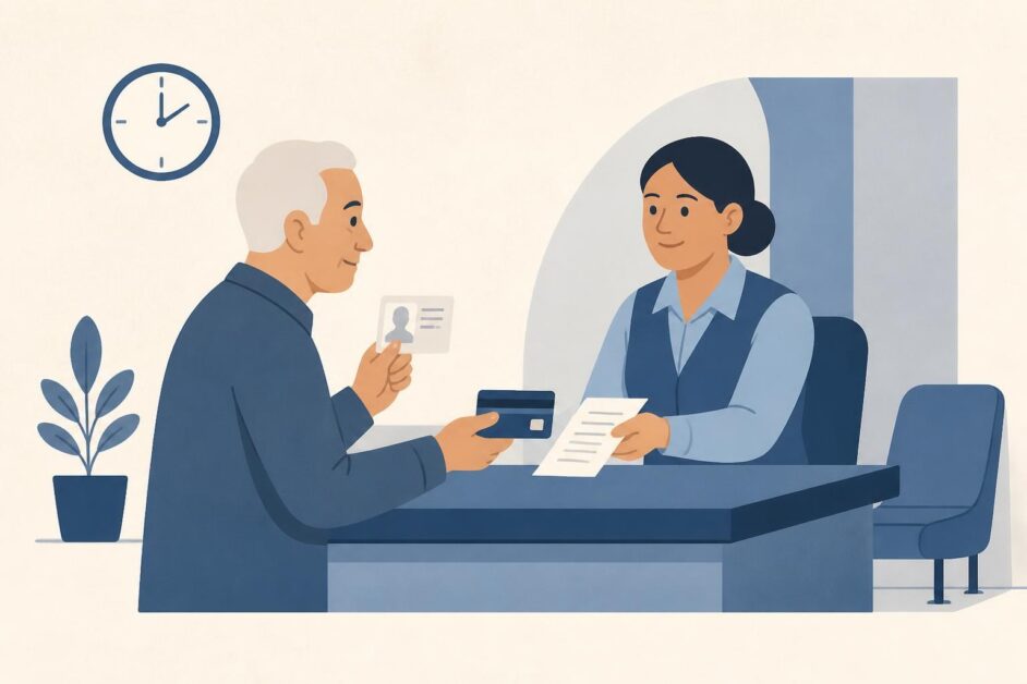 Persona jubilada presenta su identificación en un mostrador para cobrar una pensión con tarjeta magnética.