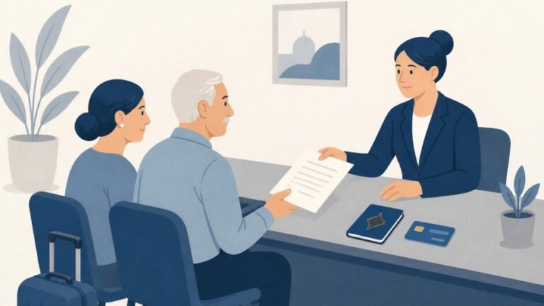 Pensionado y persona autorizada realizan una gestión de cobro en una oficina de seguridad social antes de un viaje.