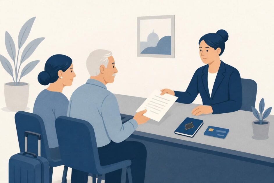 Pensionado y persona autorizada realizan una gestión de cobro en una oficina de seguridad social antes de un viaje.