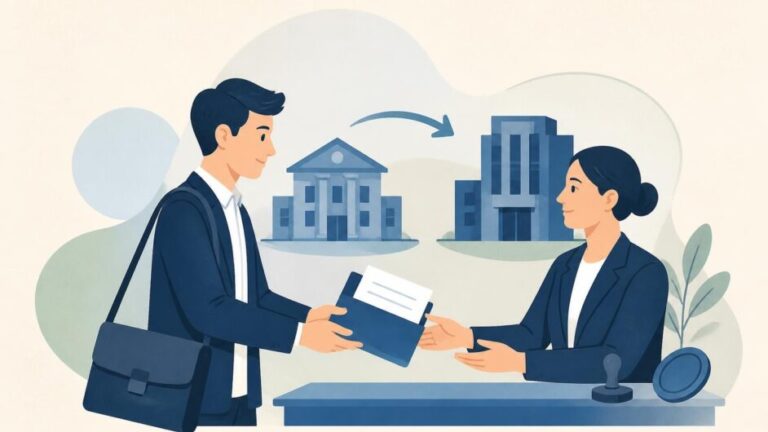 Graduado entrega documentos a un funcionario para cambiar de entidad laboral entre dos edificios institucionales.
