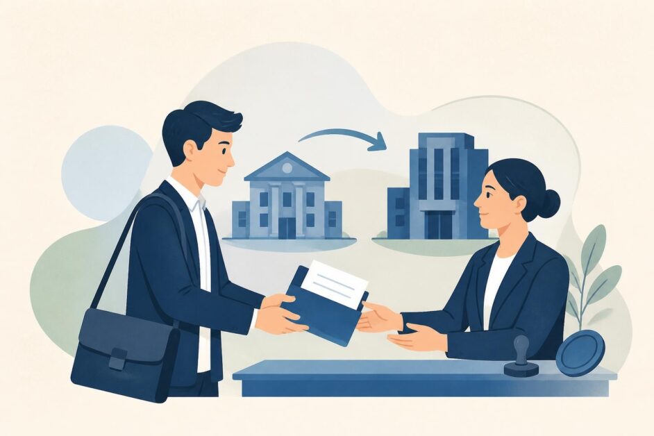 Graduado entrega documentos a un funcionario para cambiar de entidad laboral entre dos edificios institucionales.