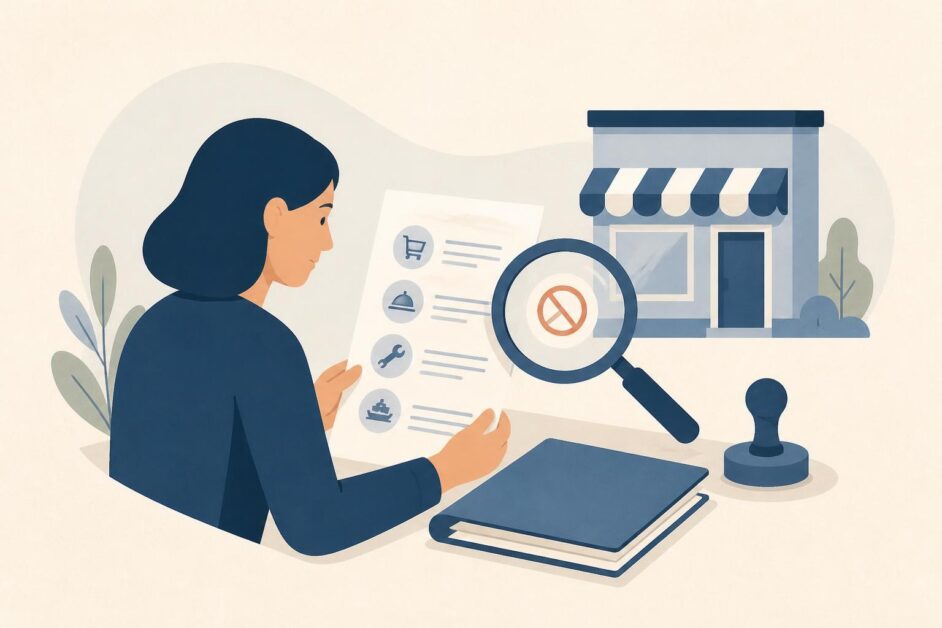 Persona revisa un documento con lupa frente a un pequeño local comercial.