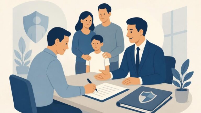 Persona firma una póliza ante un agente de seguros mientras su familia aparece al fondo.