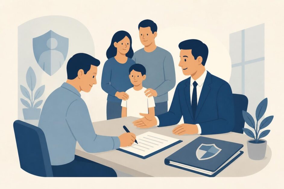 Persona firma una póliza ante un agente de seguros mientras su familia aparece al fondo.