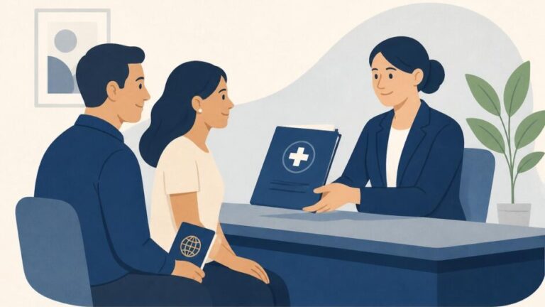 Persona extranjera y un familiar reciben una póliza médica de una asesora en una oficina.