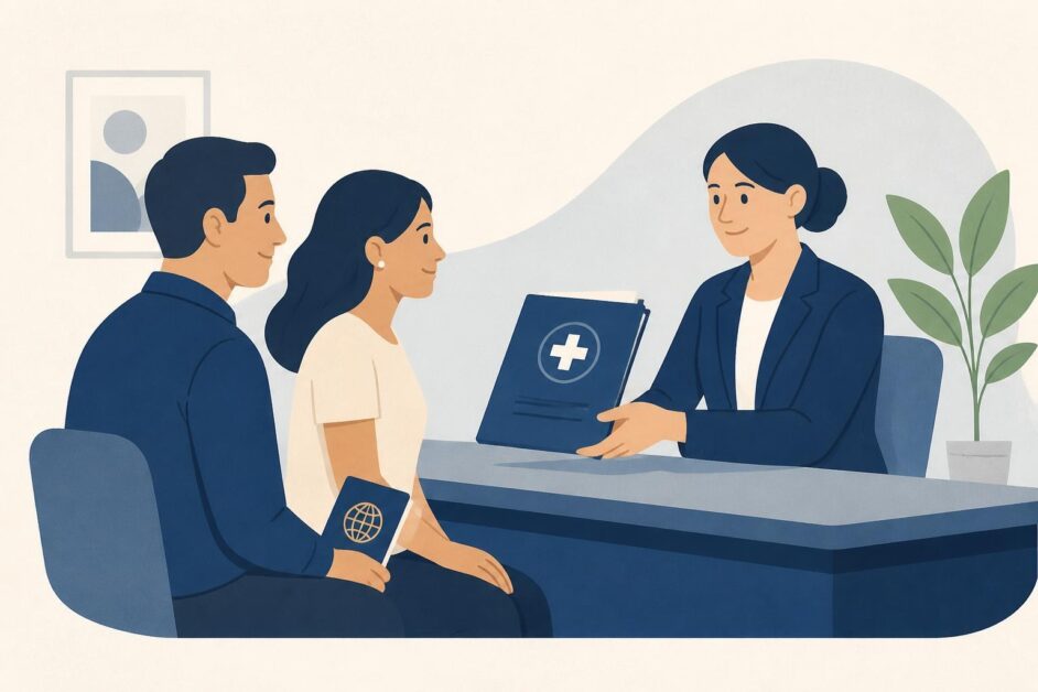 Persona extranjera y un familiar reciben una póliza médica de una asesora en una oficina.