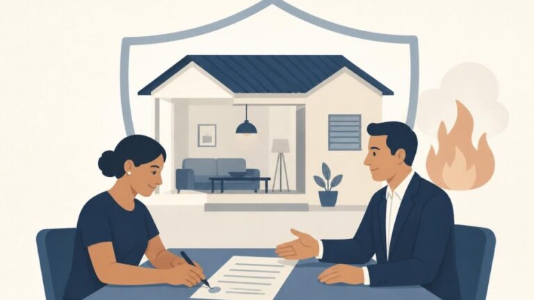Persona y agente de seguros formalizan una póliza frente a una vivienda con muebles protegidos.