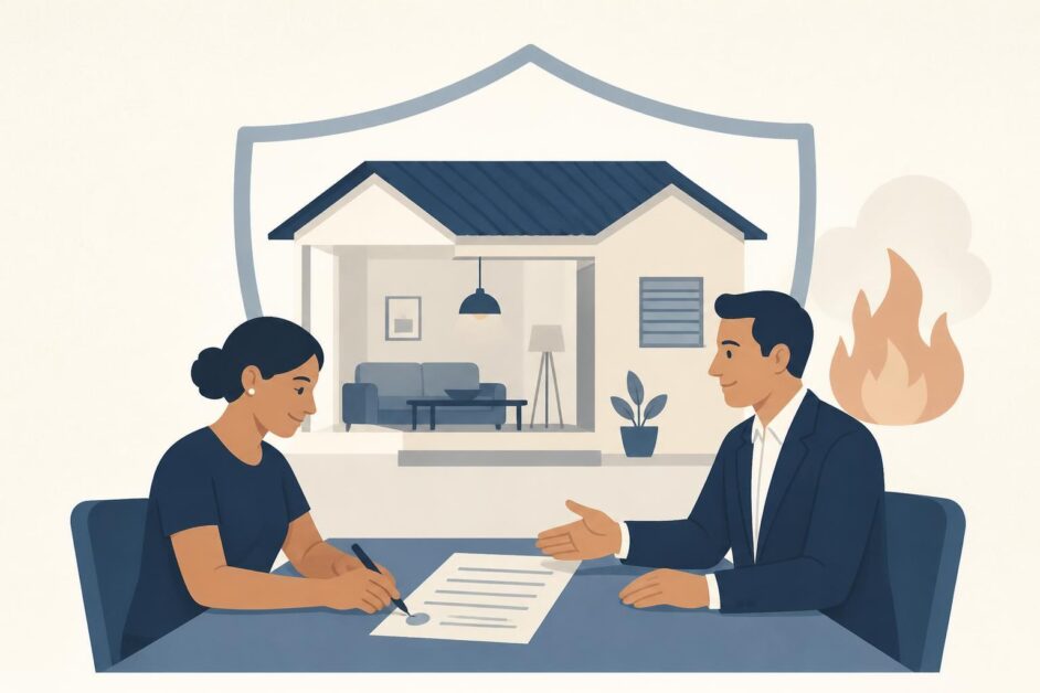 Persona y agente de seguros formalizan una póliza frente a una vivienda con muebles protegidos.