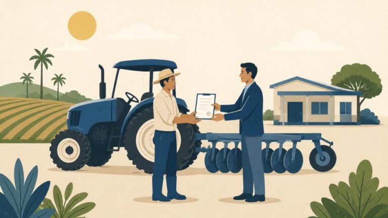 Campesino y agente de seguros junto a un tractor e implemento agrícola en un campo.