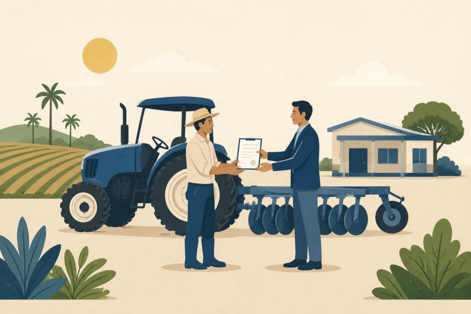 Campesino y agente de seguros junto a un tractor e implemento agrícola en un campo.