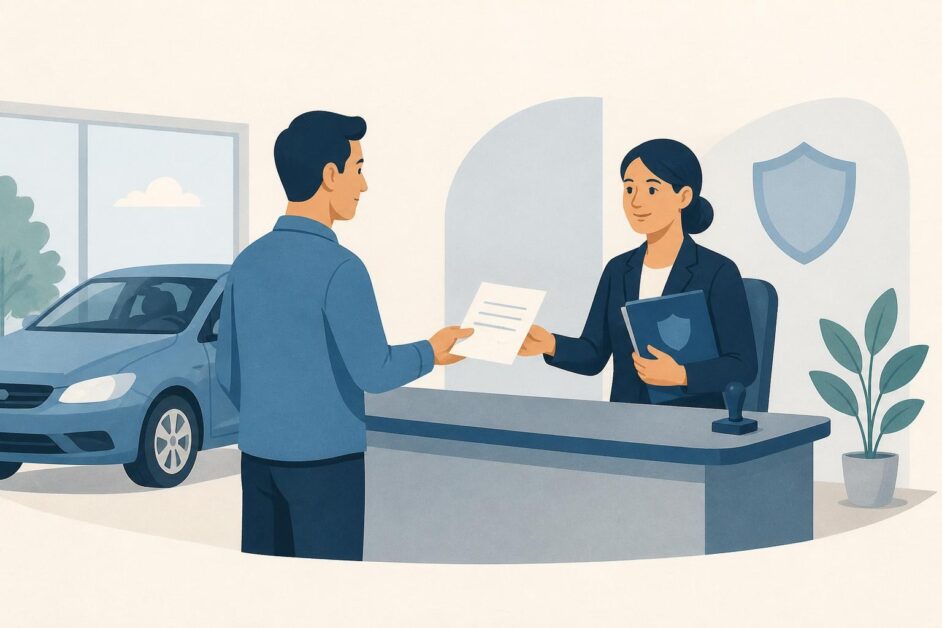 Persona entrega una solicitud de seguro a una agente junto a un automóvil estacionado.