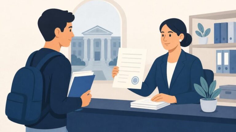 Estudiante entrega documentos a una secretaria en una oficina universitaria para solicitar una certificación académica.