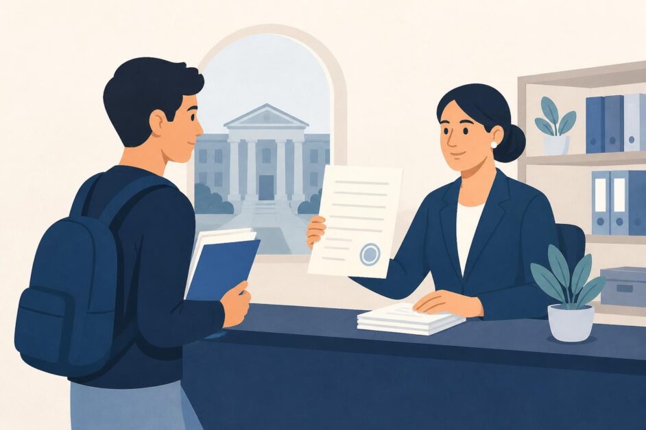 Estudiante entrega documentos a una secretaria en una oficina universitaria para solicitar una certificación académica.