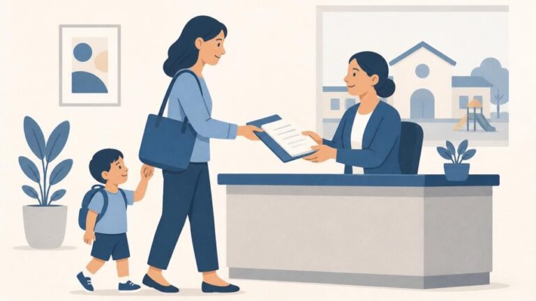 Tutora con un niño pequeño entrega documentos a una educadora en una oficina de matrícula infantil.