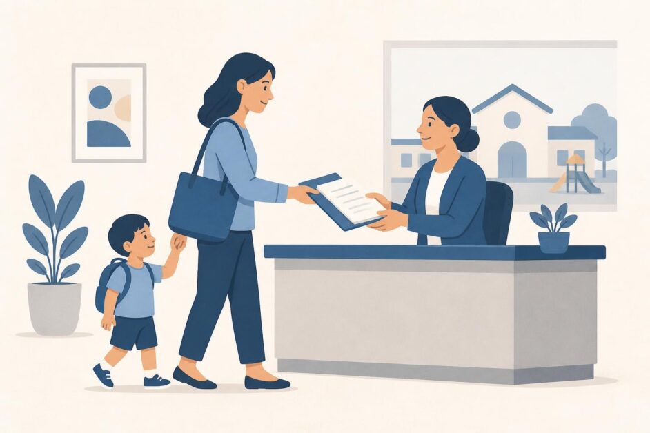 Tutora con un niño pequeño entrega documentos a una educadora en una oficina de matrícula infantil.