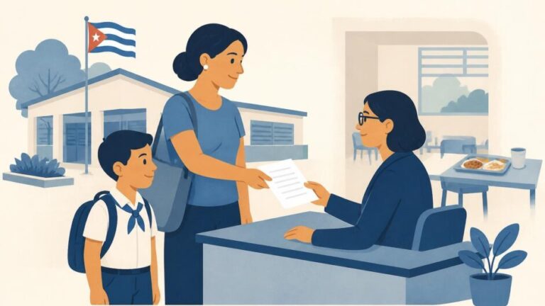 Madre con un niño entrega una solicitud a la dirección de una escuela primaria con comedor.