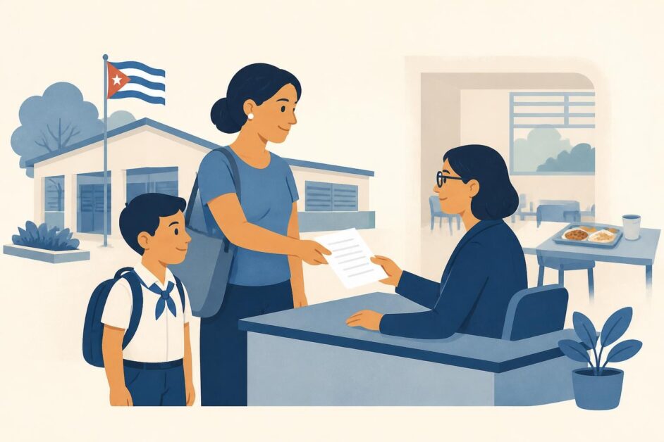 Madre con un niño entrega una solicitud a la dirección de una escuela primaria con comedor.