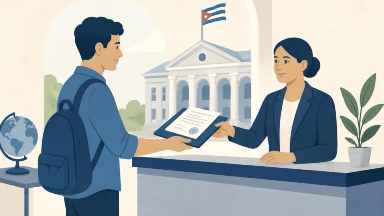 Estudiante entrega certificados escolares a una funcionaria en una oficina educativa.