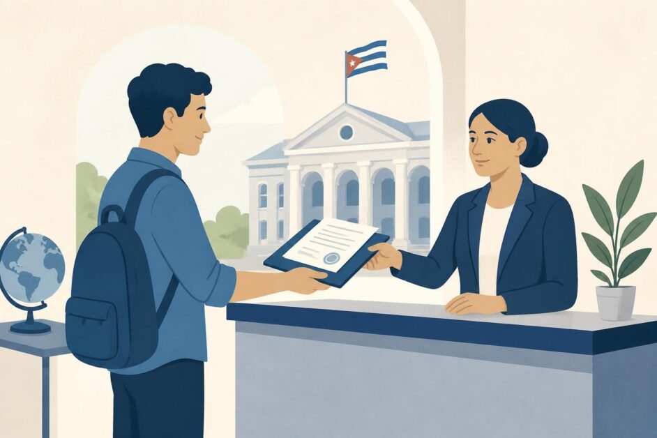 Estudiante entrega certificados escolares a una funcionaria en una oficina educativa.