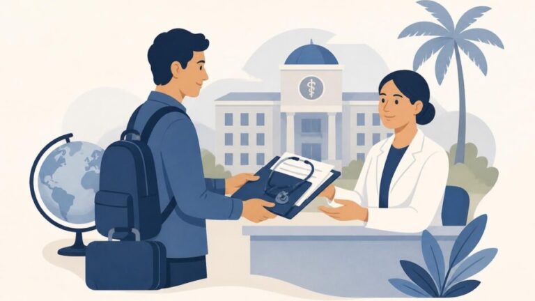 Estudiante extranjero entrega documentos a un académico frente a una universidad de ciencias médicas cubana.