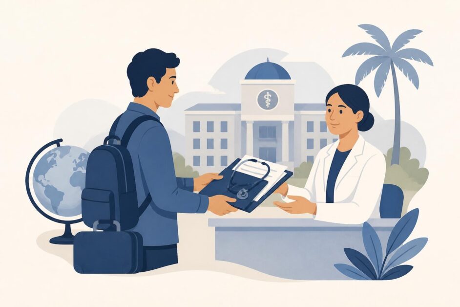 Estudiante extranjero entrega documentos a un académico frente a una universidad de ciencias médicas cubana.