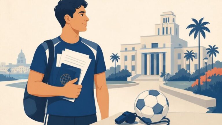 Joven deportista con documentos y pasaporte frente a un campus universitario cubano.