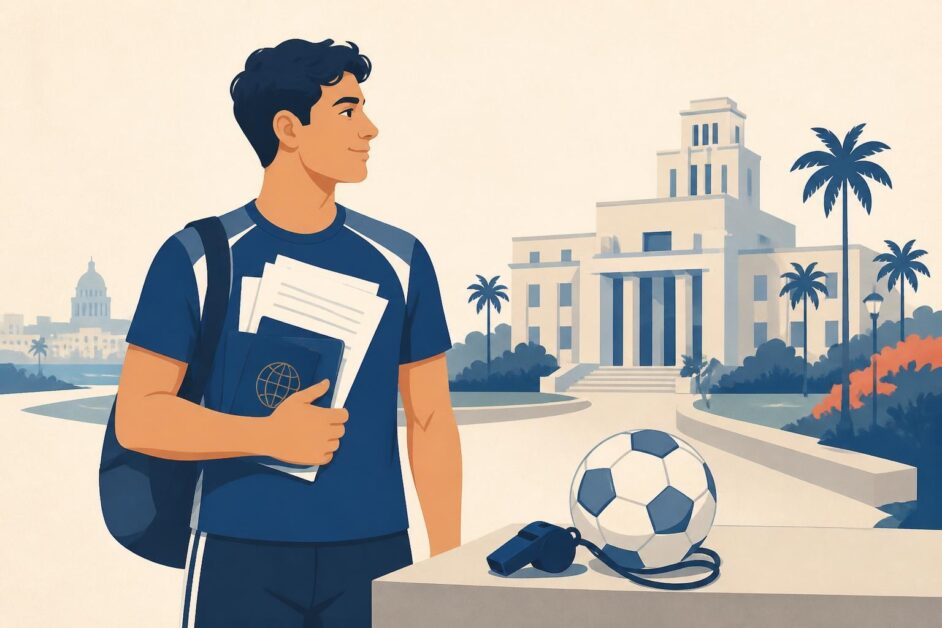 Joven deportista con documentos y pasaporte frente a un campus universitario cubano.