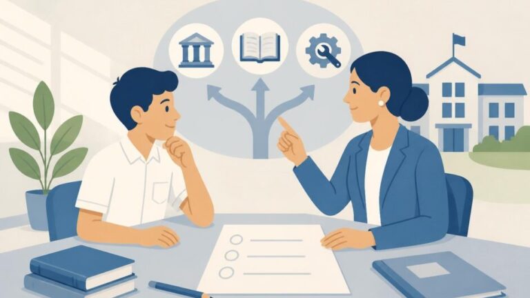 Estudiante y orientadora escolar revisan una boleta de opciones para continuar estudios.
