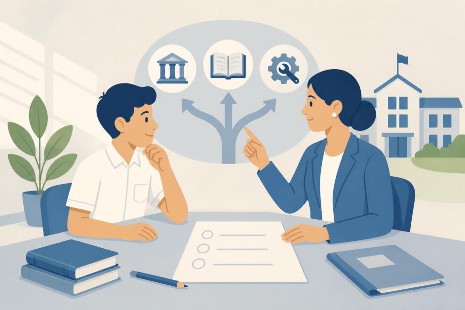 Estudiante y orientadora escolar revisan una boleta de opciones para continuar estudios.