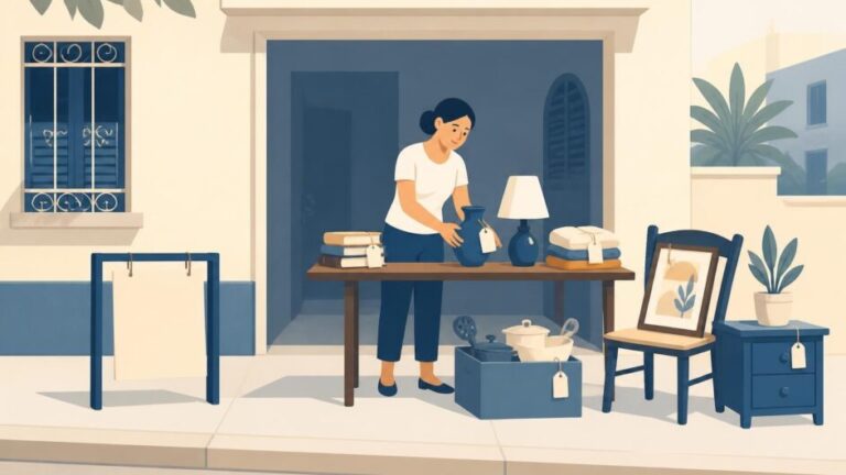 Persona organiza artículos domésticos y personales para una venta de garaje en el portal de una vivienda.