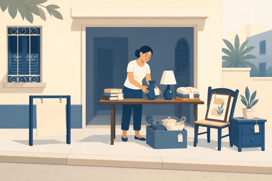 Persona organiza artículos domésticos y personales para una venta de garaje en el portal de una vivienda.