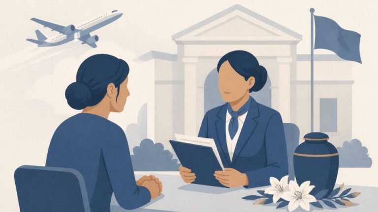 Familiar conversa con una funcionaria consular junto a documentos, una urna y un avión al fondo.