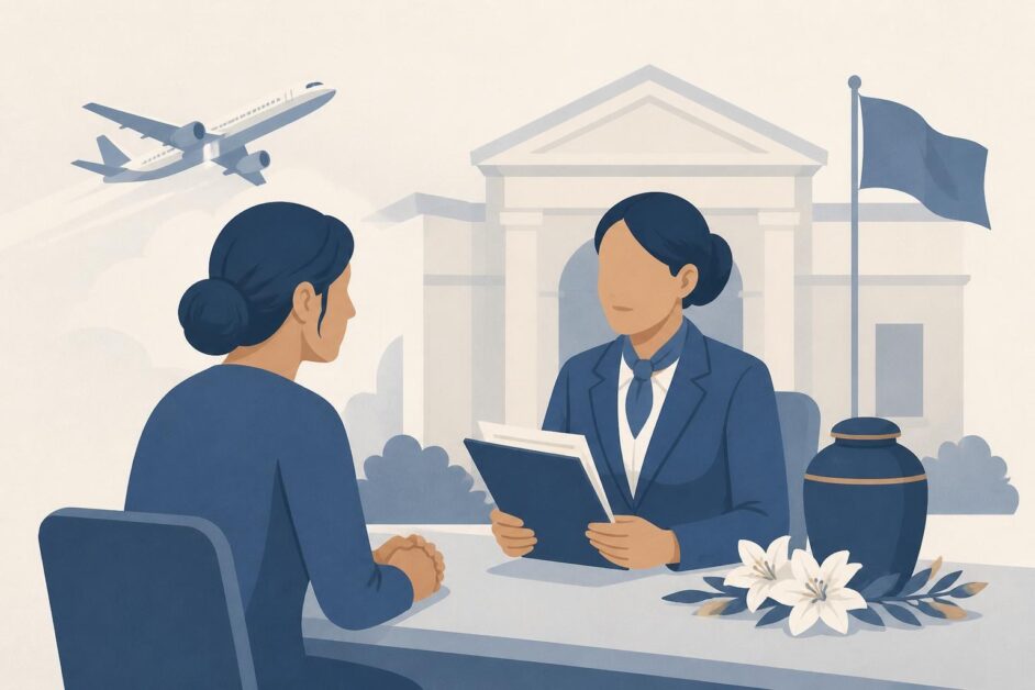 Familiar conversa con una funcionaria consular junto a documentos, una urna y un avión al fondo.