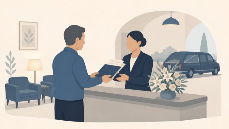 Familiar entrega documentos a una trabajadora en una funeraria, con flores y vehículo funerario al fondo.