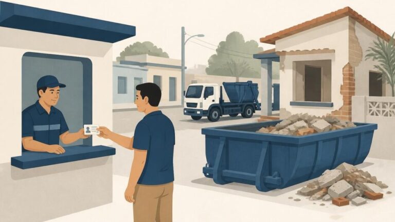 Persona solicita un contenedor para escombros ante servicios comunales junto a una vivienda en reparación.