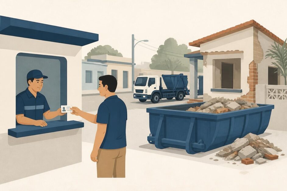 Persona solicita un contenedor para escombros ante servicios comunales junto a una vivienda en reparación.