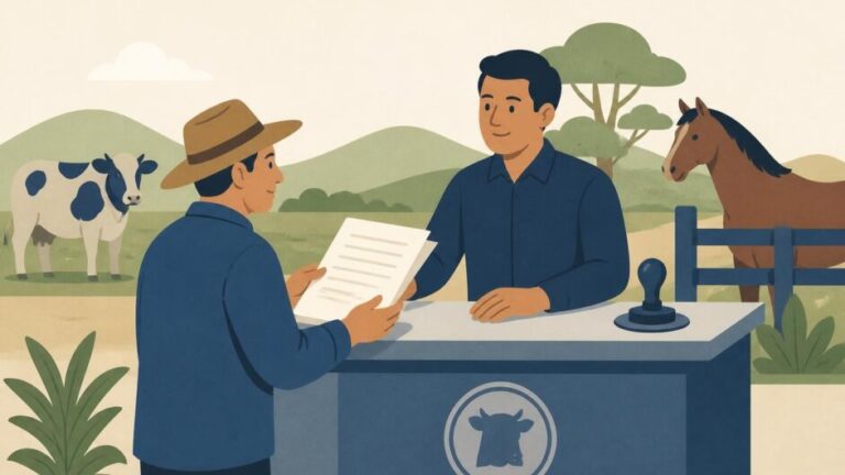 Persona entrega documentos en una oficina rural mientras una vaca y un caballo esperan junto a una cerca.