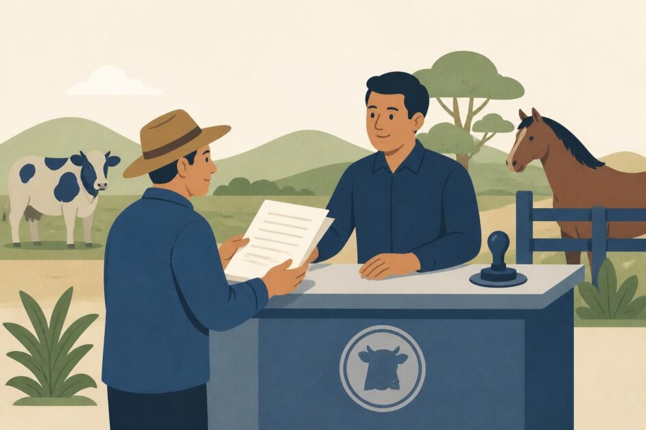 Persona entrega documentos en una oficina rural mientras una vaca y un caballo esperan junto a una cerca.