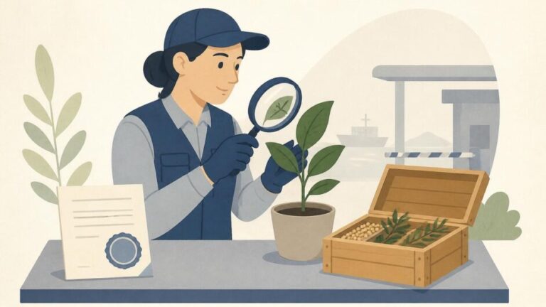 Inspectora revisa una planta, semillas y una caja de madera junto a un certificado fitosanitario.