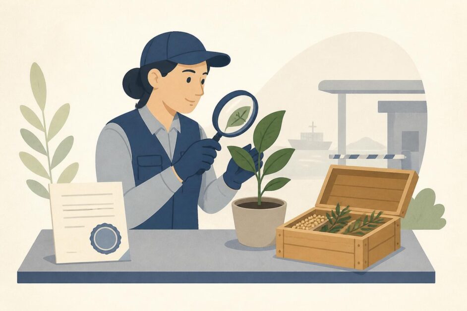 Inspectora revisa una planta, semillas y una caja de madera junto a un certificado fitosanitario.